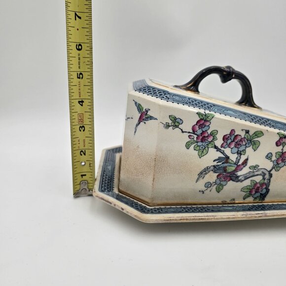 Vintage Ceramic Cheese Dish/ Butter Dish Floral Bird Design Blue Lined England - Picture 12 of 13